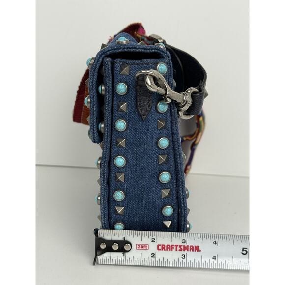 Valentino Rolling Rockstud Denim and Leather Shoulder Bag with Multicolor Strap - Picture 15 of 16